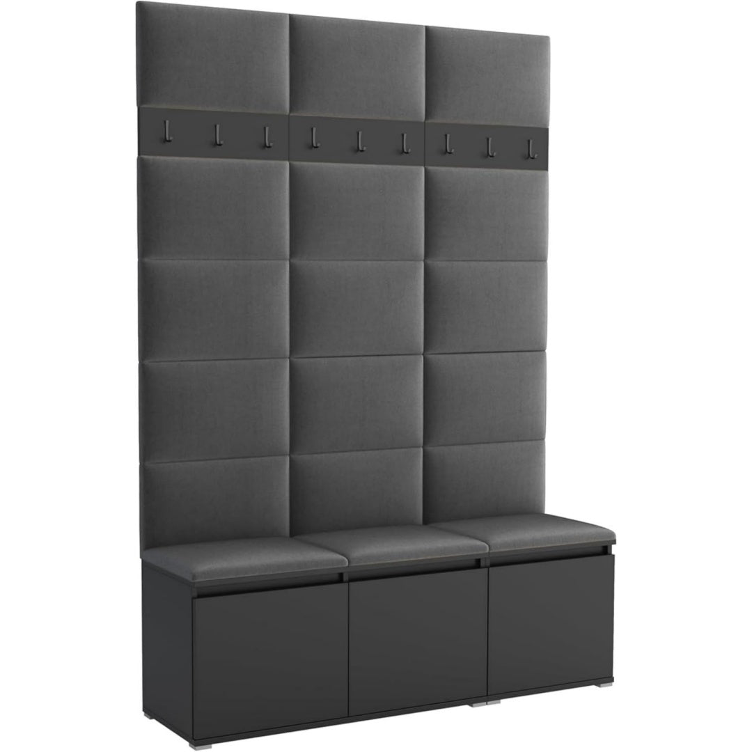 brent - garderobenschrank flur schwarz mit sitzbank 150 cm breit luton 3 - multifunktionale flurgarderobe set mit stauraum und wandpaneel garderobe mit sitzflaeche und kleiderhaken
