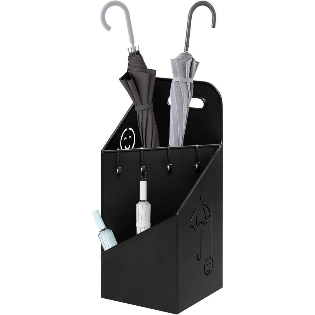 regenschirmstaender 2 slots schirmstaender regenschirm regenschirmhalter mit griff 4 haken fuer eingangsbereich 20x49x20 cm aus metall schwarz sst14an