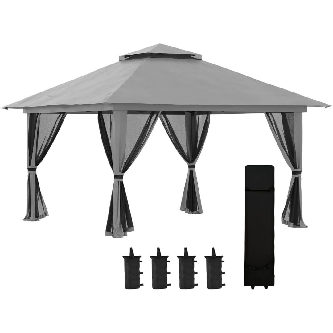 outsunny pavillon 4x4m stabil winterfest pop-up gartenpavillon dunkelgrau doppeldach ultraviolett schutz 50 partyzelt gartenzelt 4 seitenteilen tasche sandsaecke camping garten festival