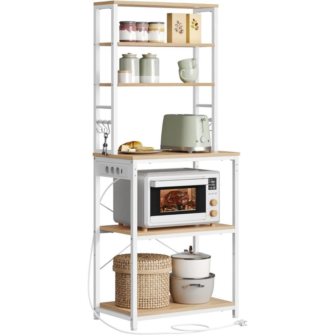 kuechenregal mit steckdosen 6 regalebenen 40 x 60 x 167 cm standregal fuer kueche mikrowellen-regal 6 haken stahlrahmen goldeiche-mattweiss kollektion kks124y01