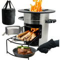 arebos raketenofen inkl grillpfanne aus gusseisen mit tragetasche handschuhe dutch oven grill tragbarer campingkocher holzofen outdoor-kueche rocket stove campinggrill silber