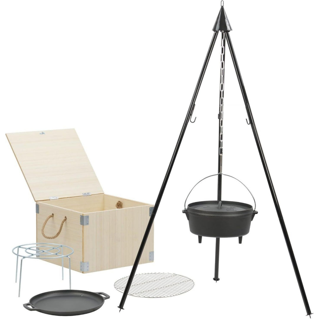 grill-toro dutch oven set 6-teilig mit holzkiste schwarz rundes gusseisen kochgeschirr set mit 6 qt pfanne grillrost untersetzer dreibein outdoor kochset dreibein kessel grillpfanne