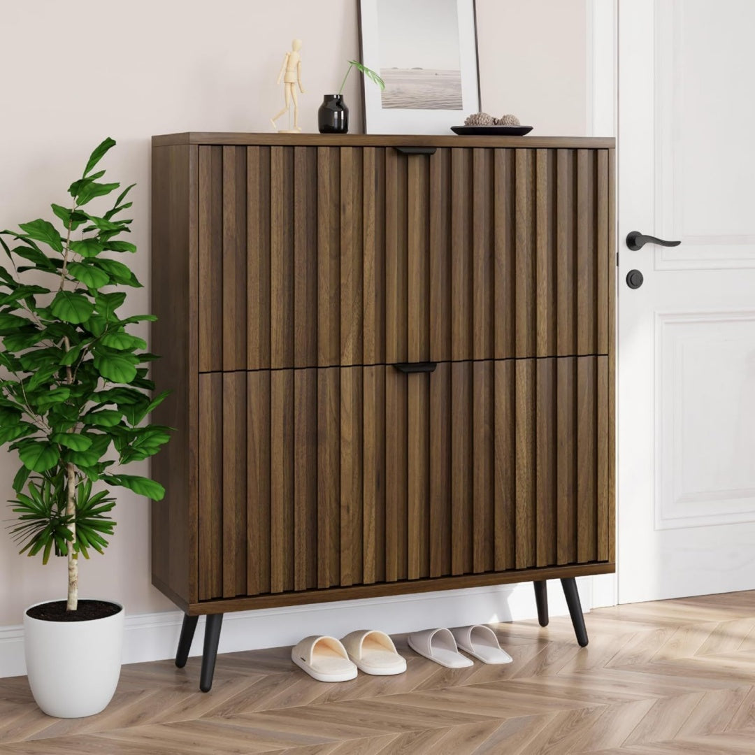 smuxee schuhschrank mit 2 klappschubladen 80 cm walnussholz versteckter schuhschrank mit geriffeltem design freistehender schuh-organizer fuer eingangsbereich flur schrank wohnzimmer