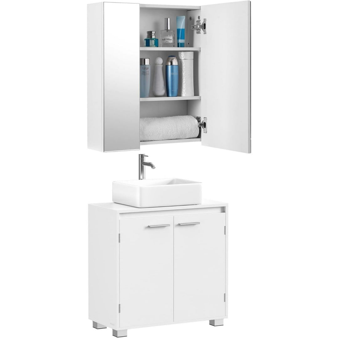waschbeckenunterschrank mit spiegelschrank haengend mit 2 faechern hinter den tueren fuer waschbecken ohne saeule moderner stil wolkenweiss bbk505w01-01