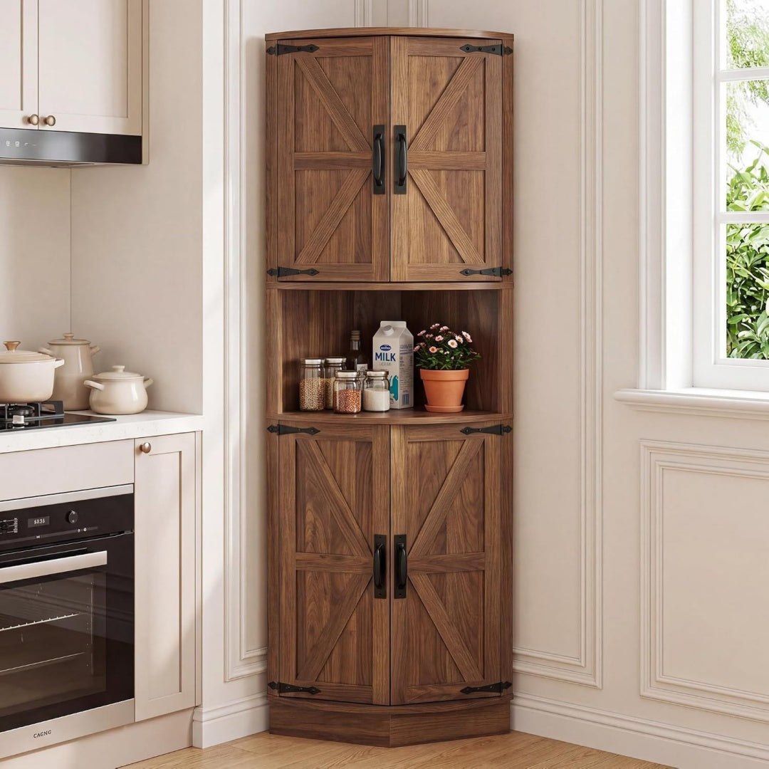bonvache kuechenschrank hoch eckschrank badezimmerschrank schmal eckregal mit 4 tueren und 5 ablageflaechen 165cm aufbewahrungsschrank holz hochschrank fuer kueche wohnzimmer esszimmerlicht walnuss