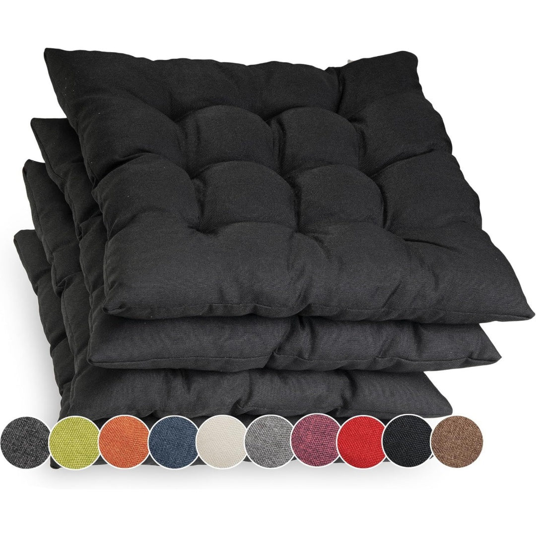 4er set stuhlkissen mit baendern 45x45 cm - bequeme polsterauflage 8cm dick - auflage fuer stuehlebaenke in haus und garten sitzkissen sitzauflage gartenkissen outdoorindoor - schwarz
